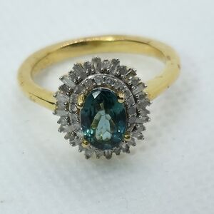 Indian Ocean Apatite and Genuine Diamond Sunburst Halo Ring